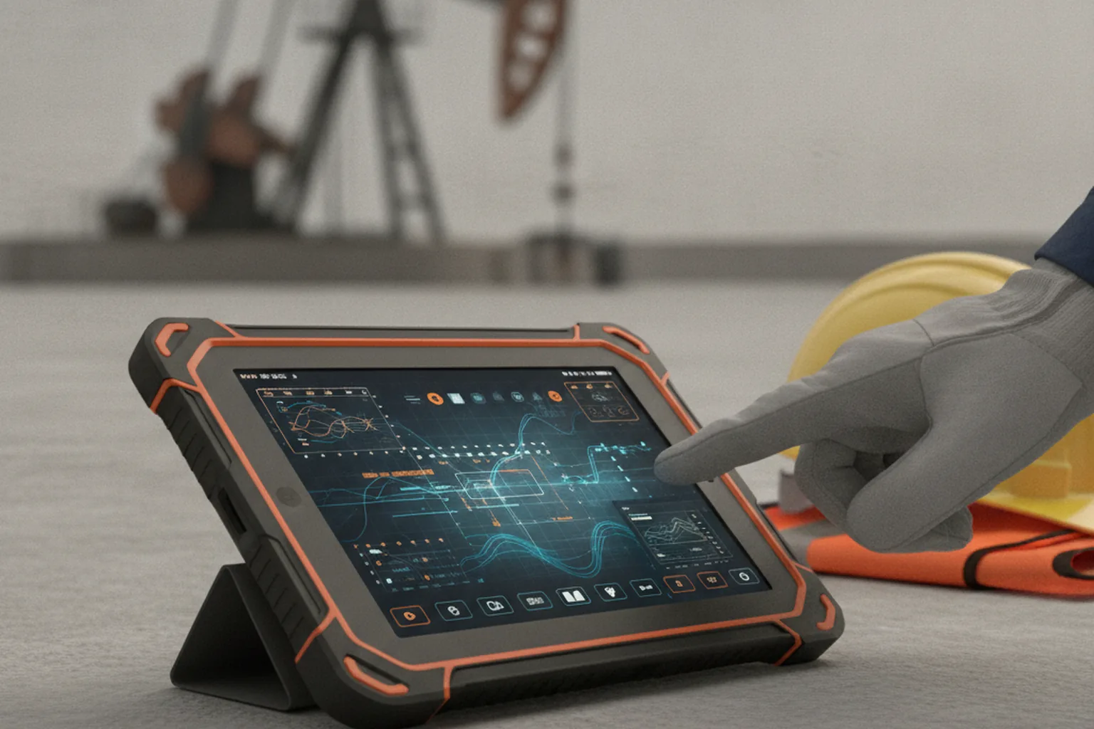 Field engineer inspecting wellhead equipment on a rugged tablet