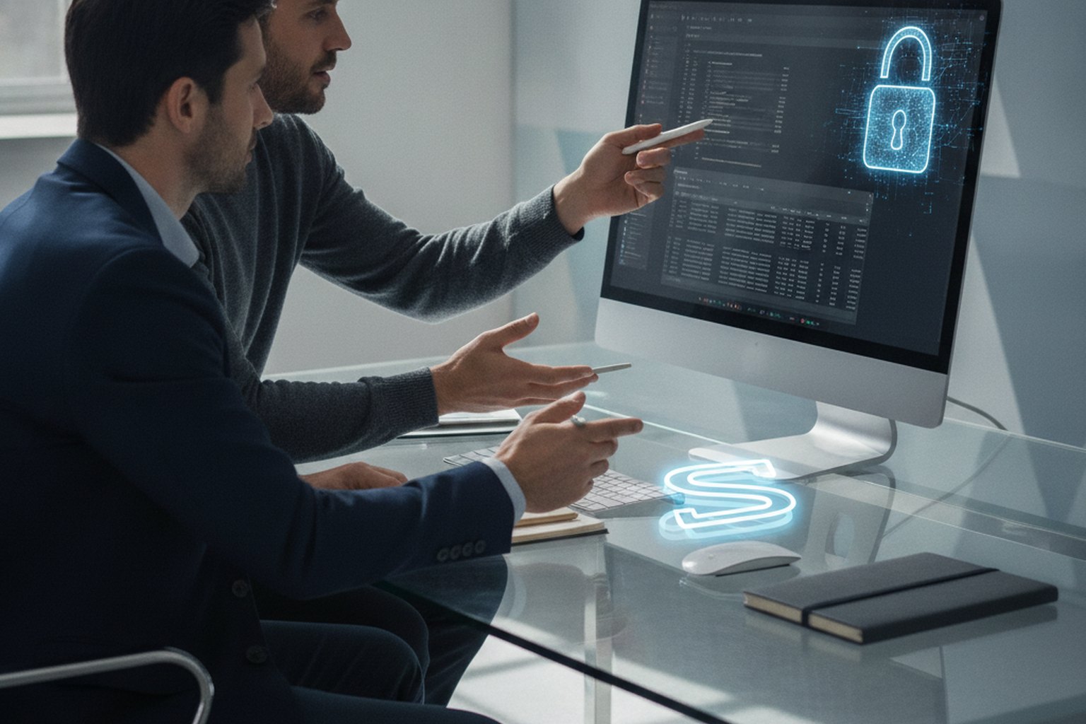 A developer and a compliance officer reviewing encrypted transaction data and audit logs on a monitor with a security padlock icon