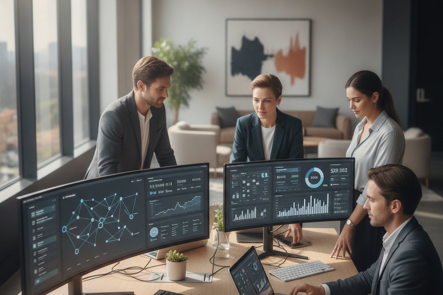A software engineering team reviewing financial dashboards with banking, payment and portfolio charts on large monitors