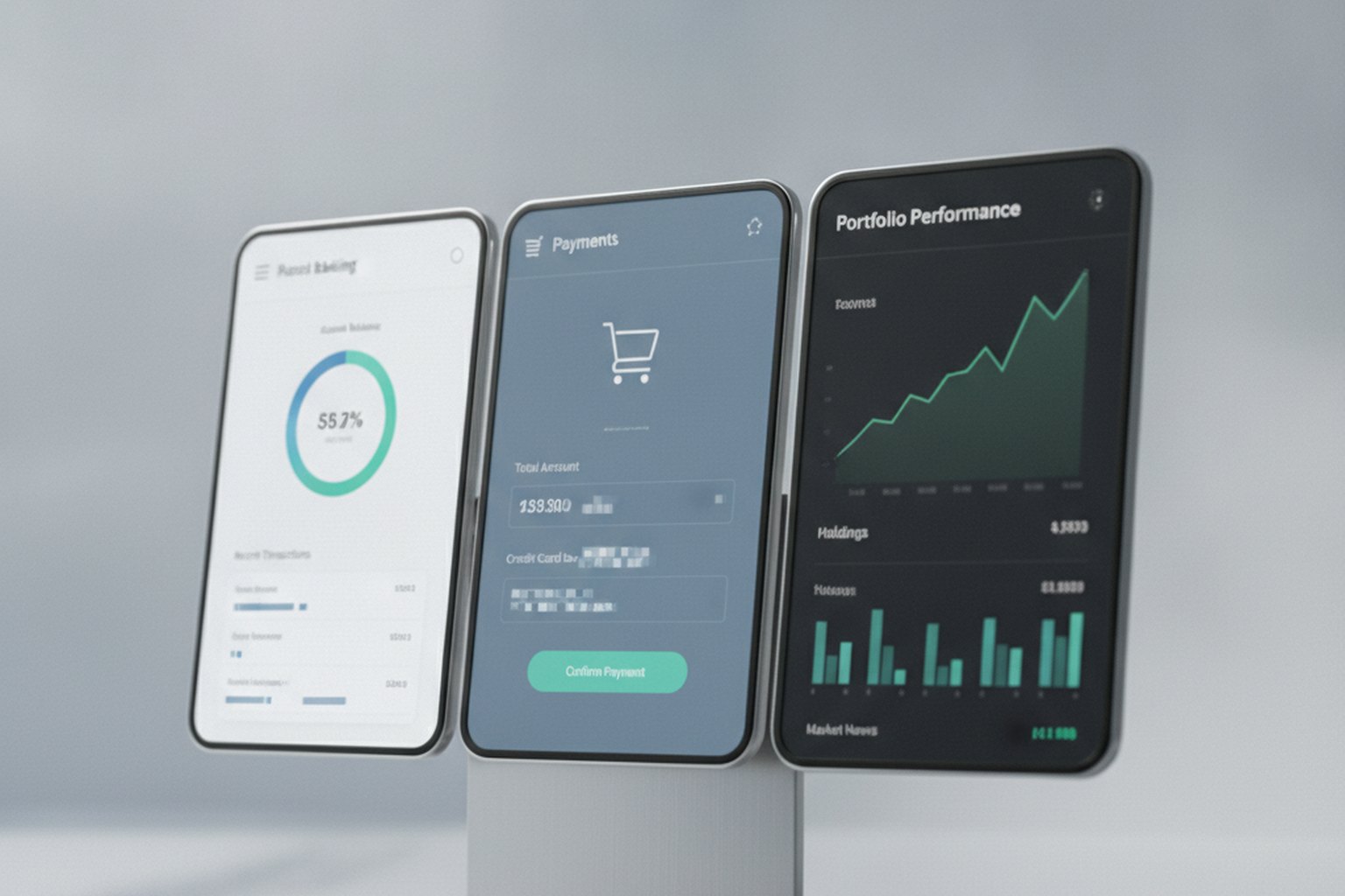 Three financial application screens side by side showing a digital banking dashboard, a payments checkout and an investment portfolio performance chart