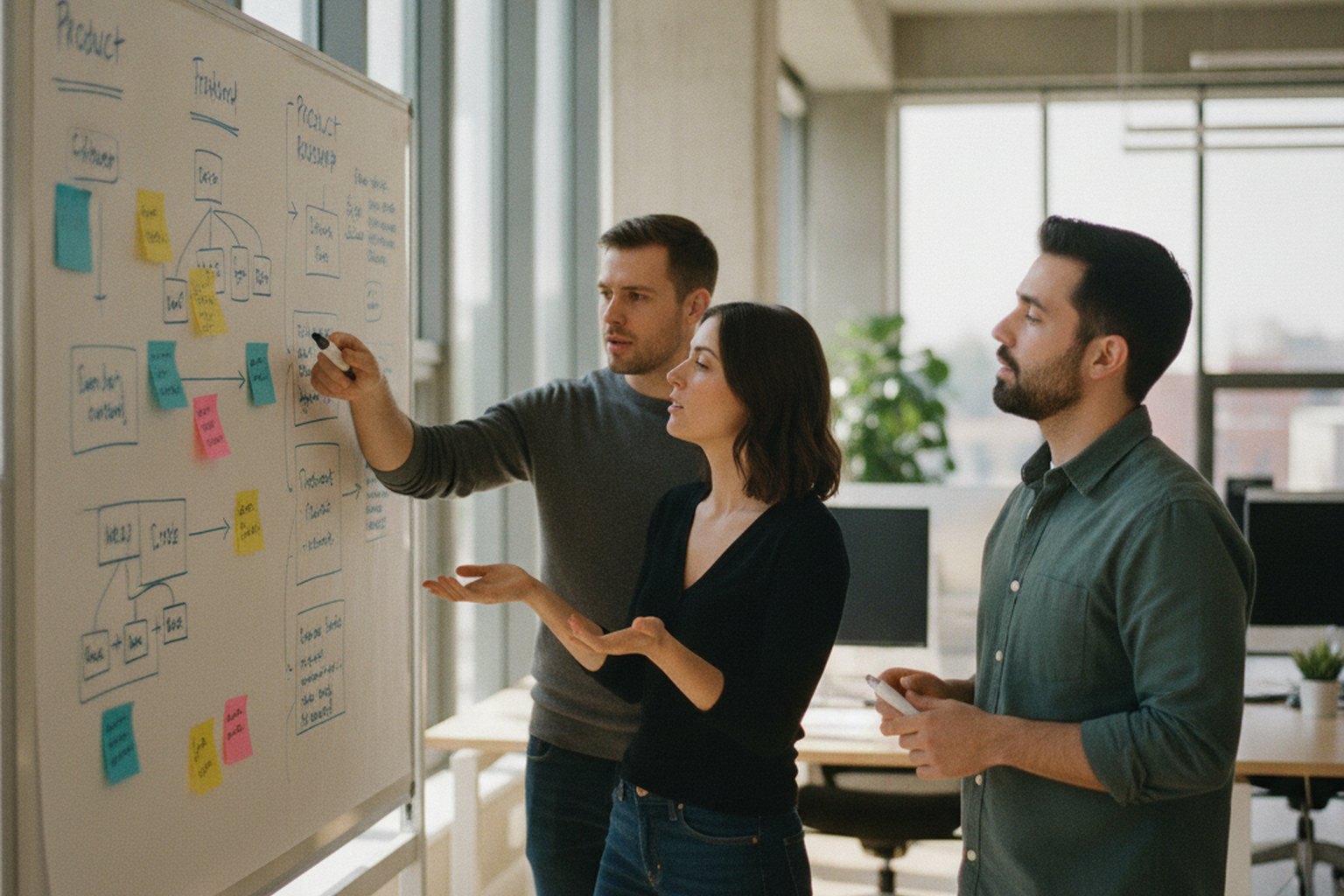 A startup founding team mapping a product roadmap on a whiteboard of sticky notes