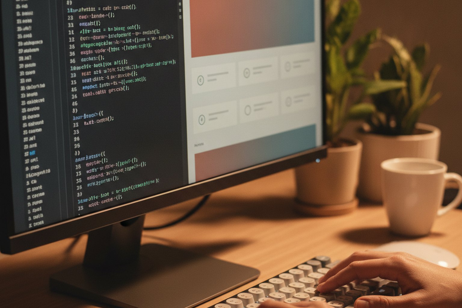 A web developer building a website layout in a code editor next to a live browser preview