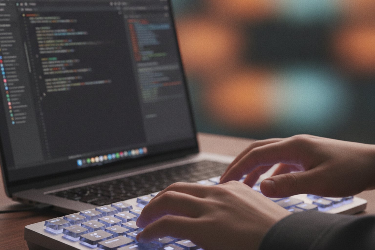 Close-up of a developer's hands typing on a keyboard with a code editor open on a laptop, representing code editors and IDEs