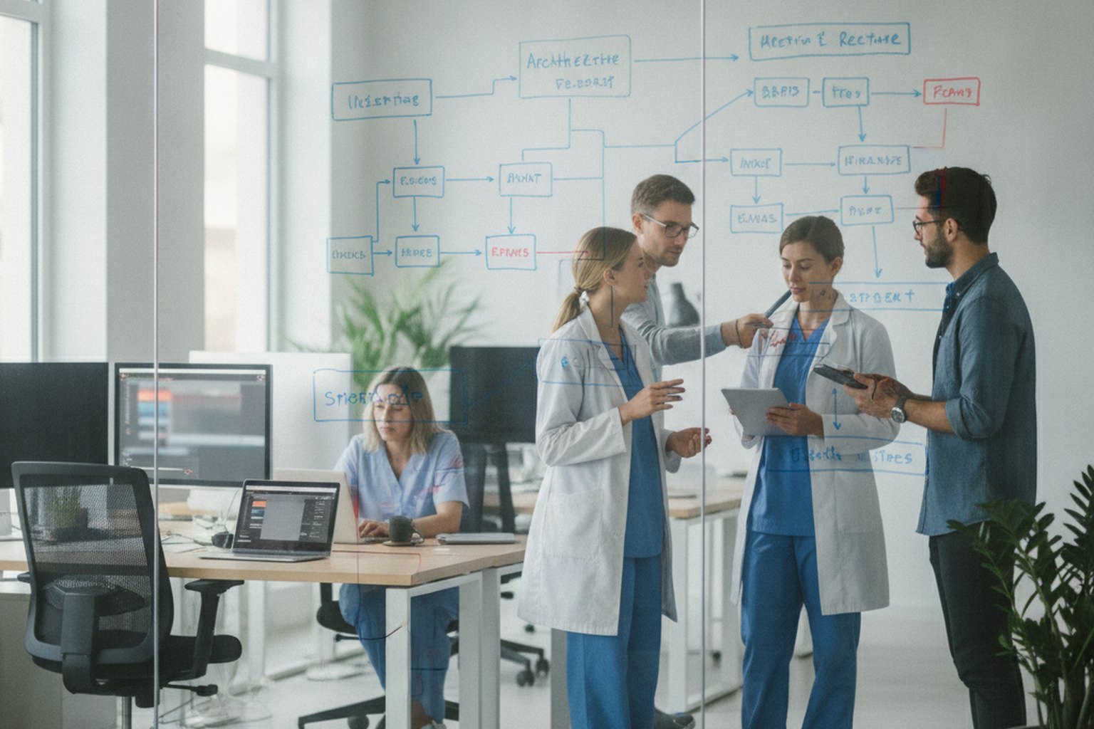 A healthcare software development team of engineers and clinicians in lab coats planning an electronic health record system around a glass whiteboard covered in architecture and workflow diagrams