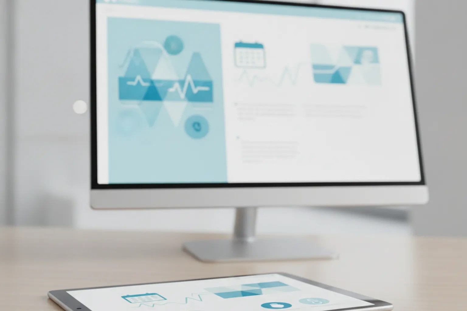 A custom healthcare software dashboard concept showing patient records, scheduling and vitals on a monitor and tablet