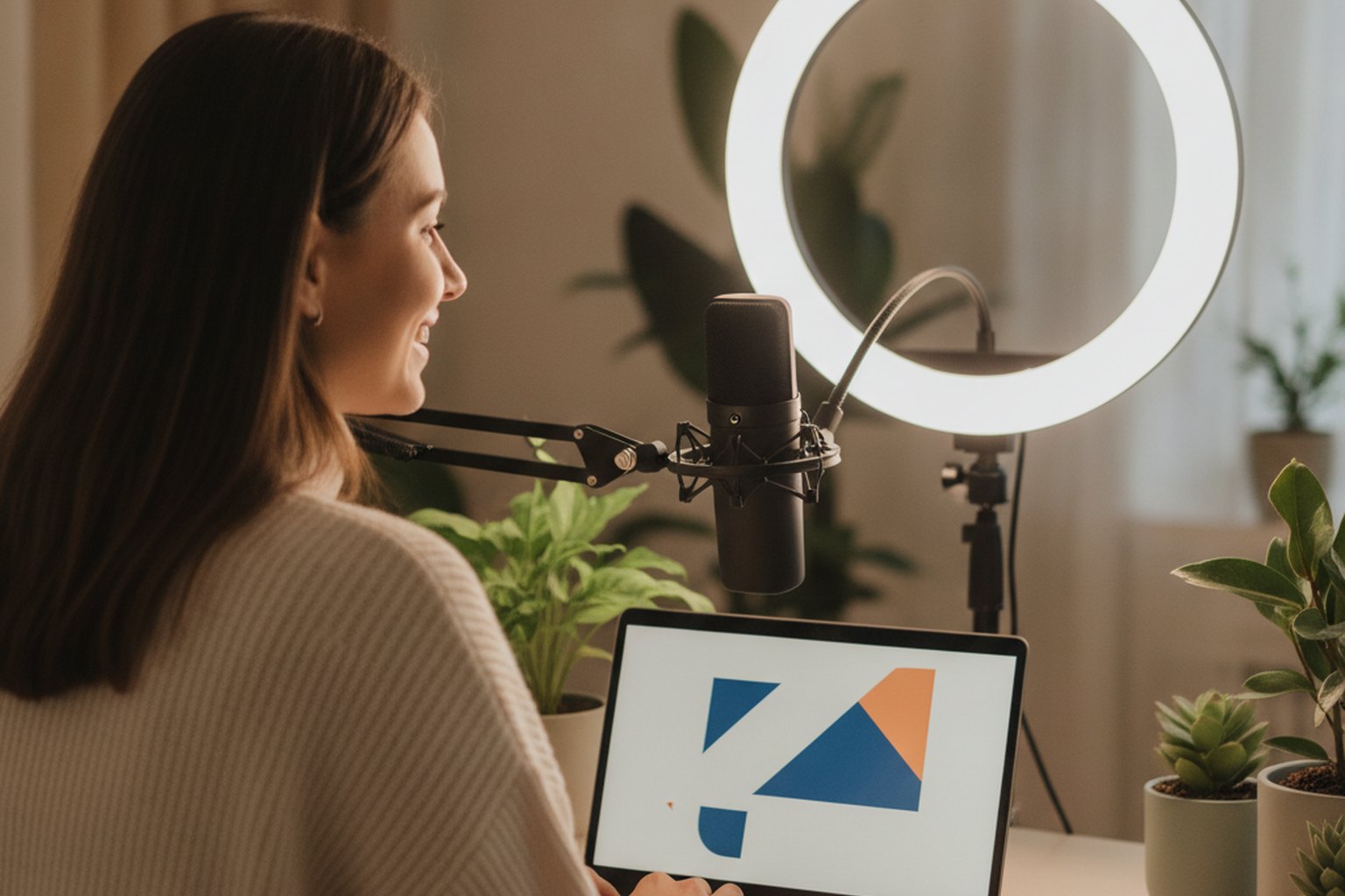 An instructor recording an online video course at a home desk with a ring light, microphone and a laptop