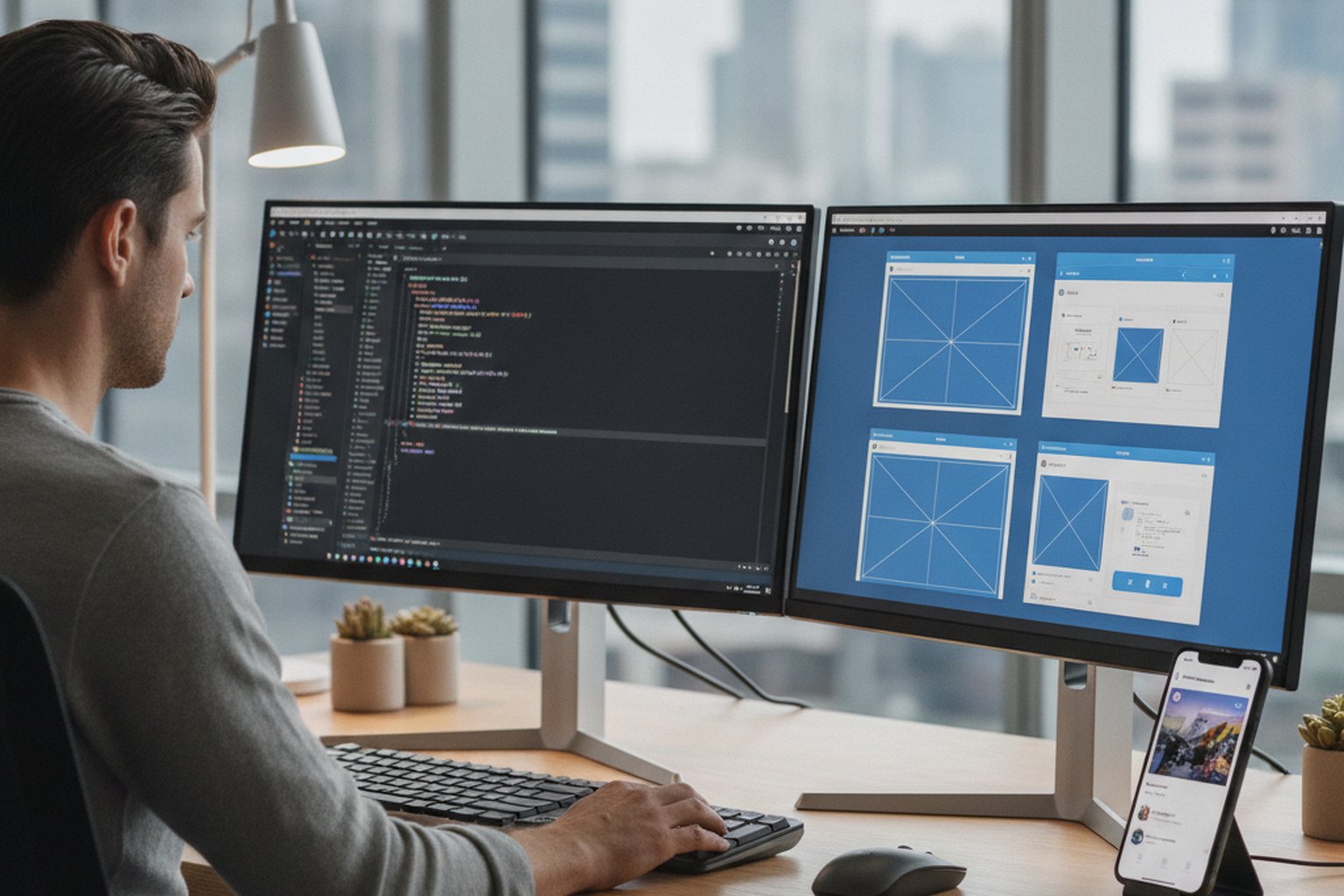 A mobile engineer building an iPhone app at a dual-monitor desk with app wireframes and Swift code on screen