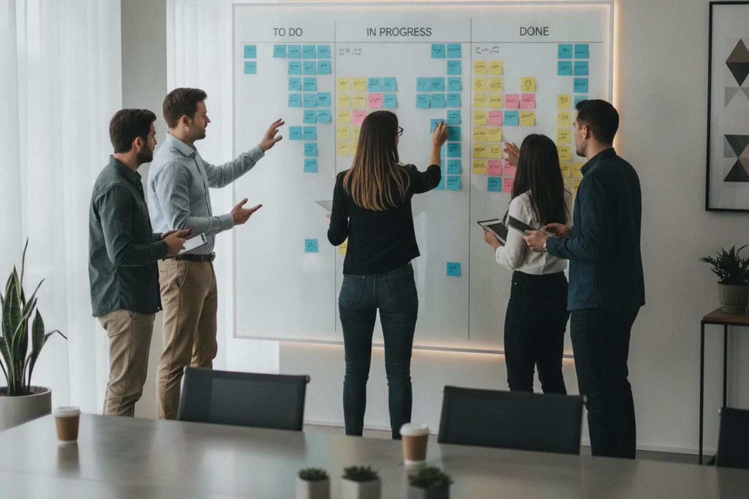Software development team collaborating around a kanban board with To Do, In Progress and Done columns