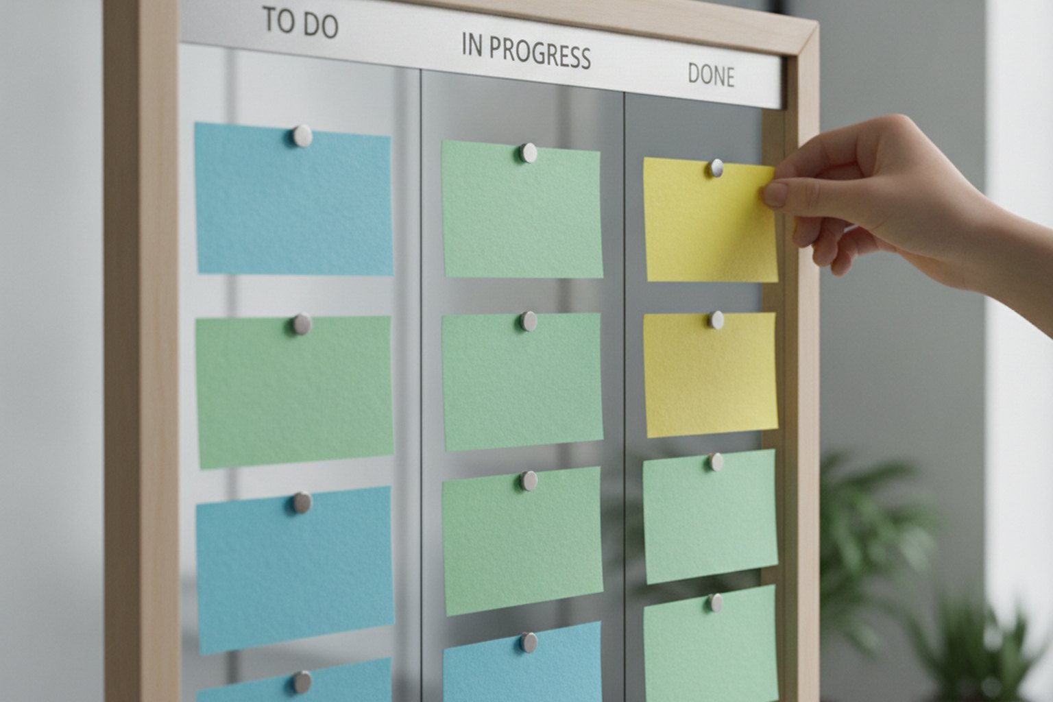 A kanban board with to-do, in-progress and done columns of task cards and a hand moving a card between columns