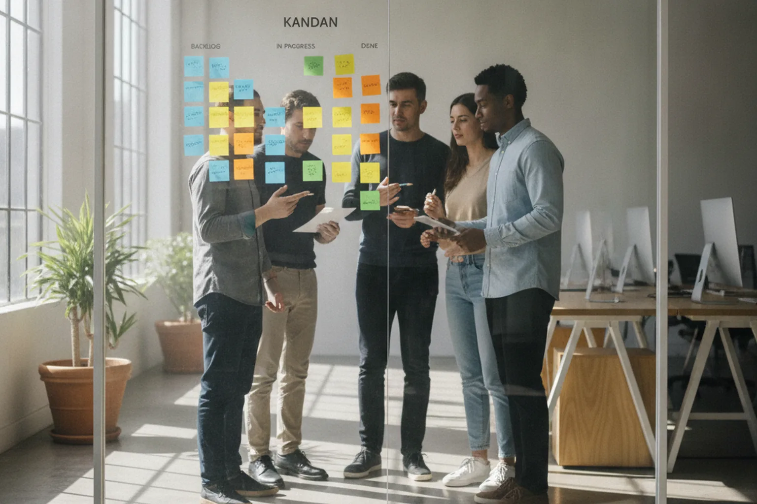 Software team managing workflow on a kanban board — lean development in practice