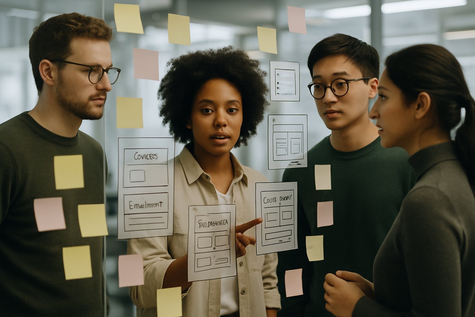 A diverse product team at a glass wall covered with wireframes and sticky notes, mapping the modules of a custom LMS — courses, enrolment, assessment and integrations