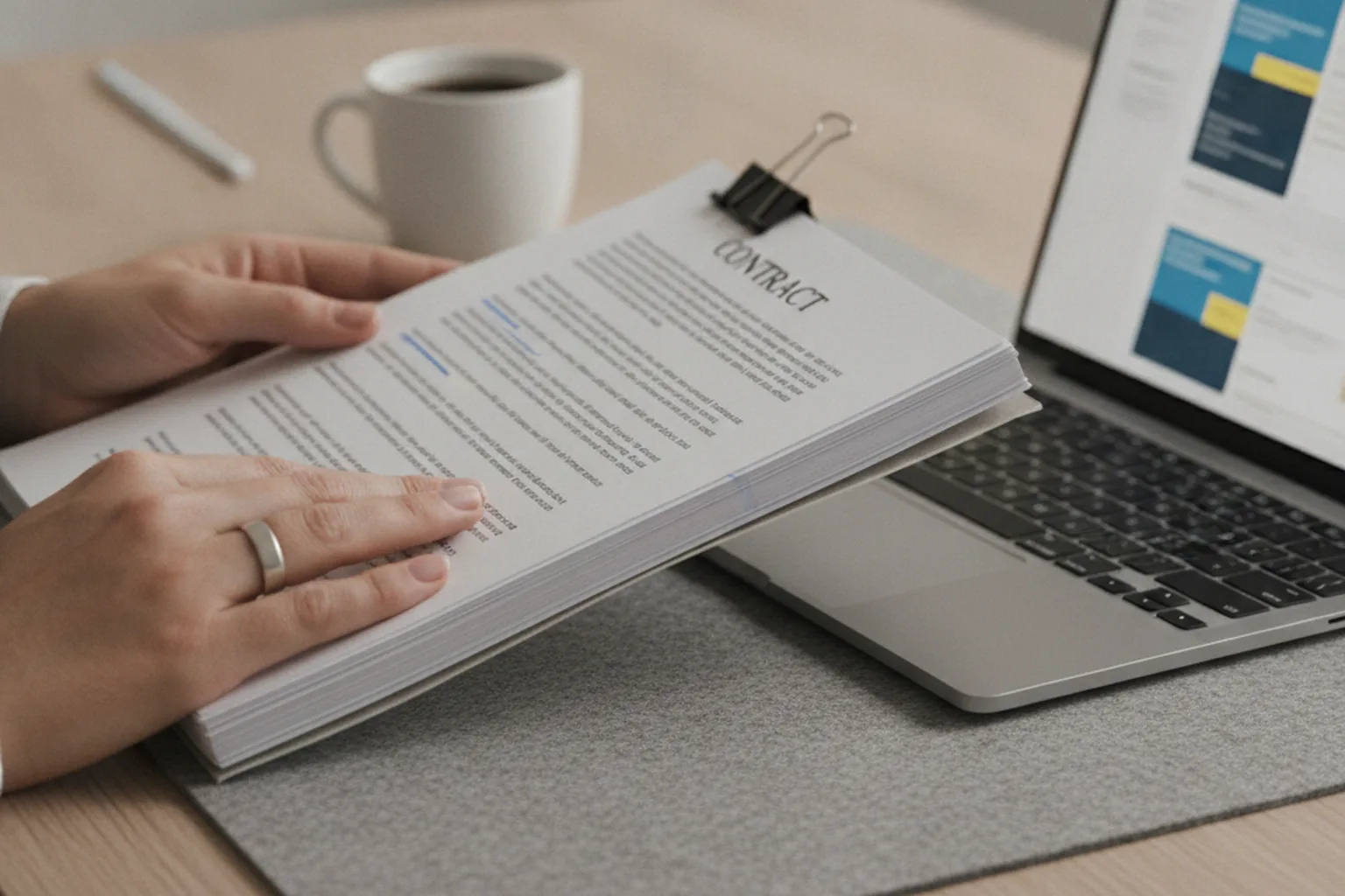 Lawyer reviewing a printed legal contract next to a laptop showing a document-review interface with highlighted clauses