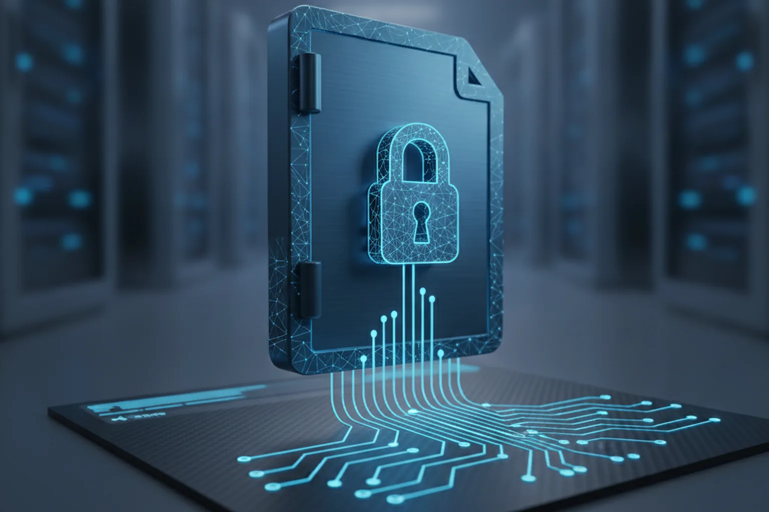 Locked document vault with audit-trail flow lines representing legal data security