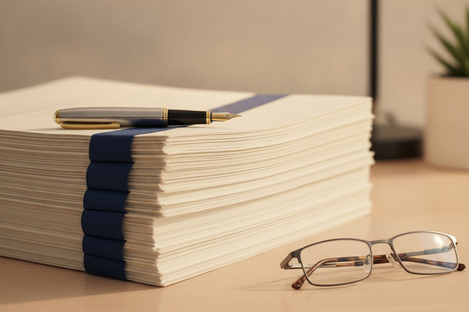 A bound stack of software development agreement pages with a pen and reading glasses, representing the core contract clauses