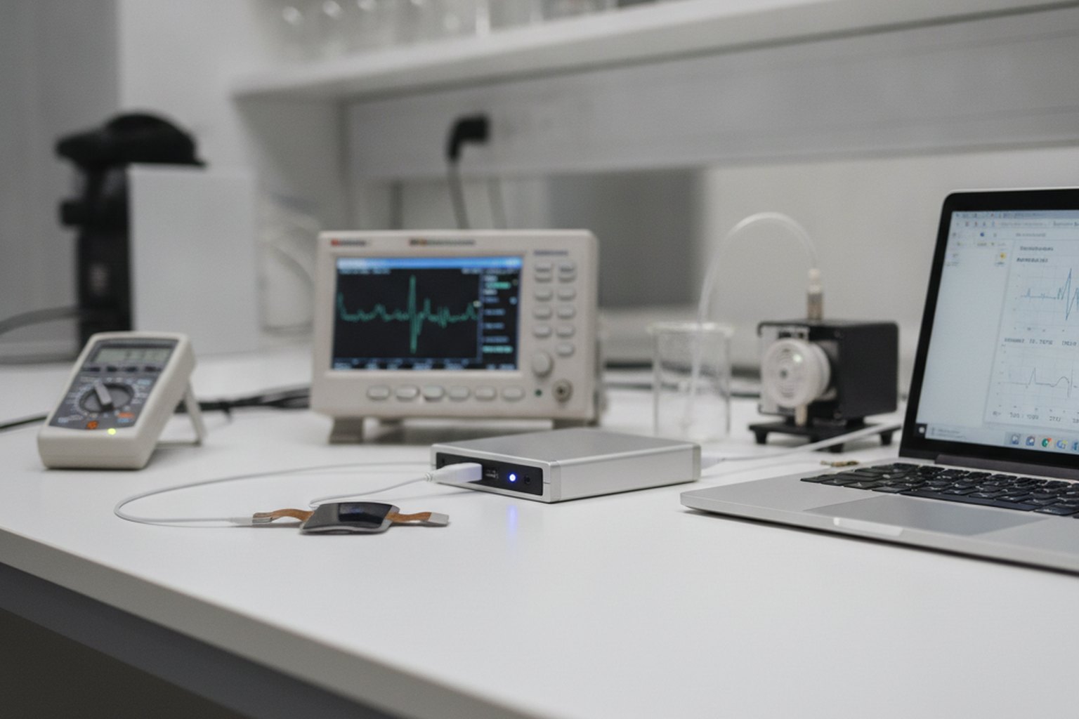 A connected medical device on a lab bench being verified and validated with diagnostic equipment and test-result software
