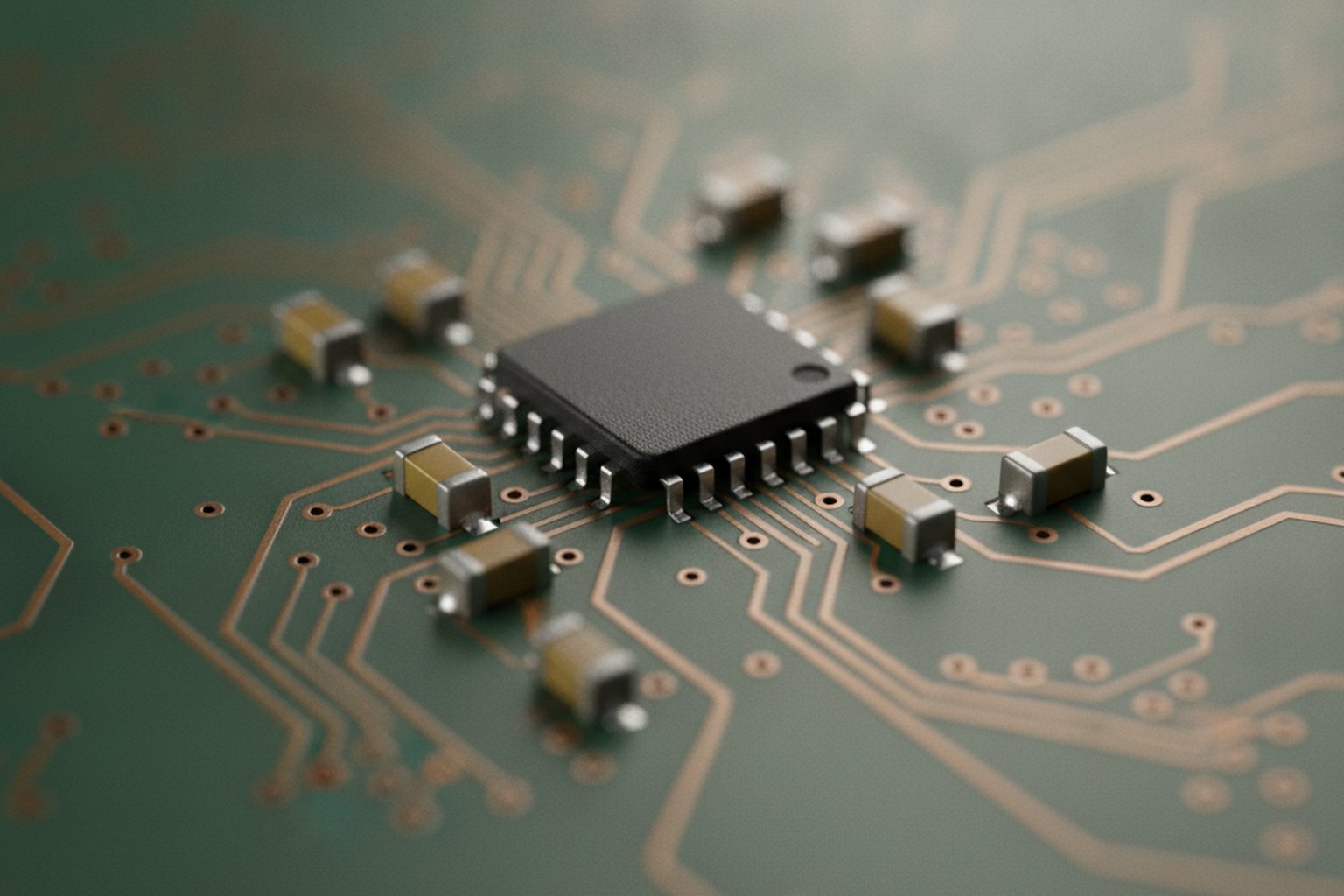 Macro photograph of a green printed circuit board with a surface-mounted microcontroller chip, capacitors and copper traces