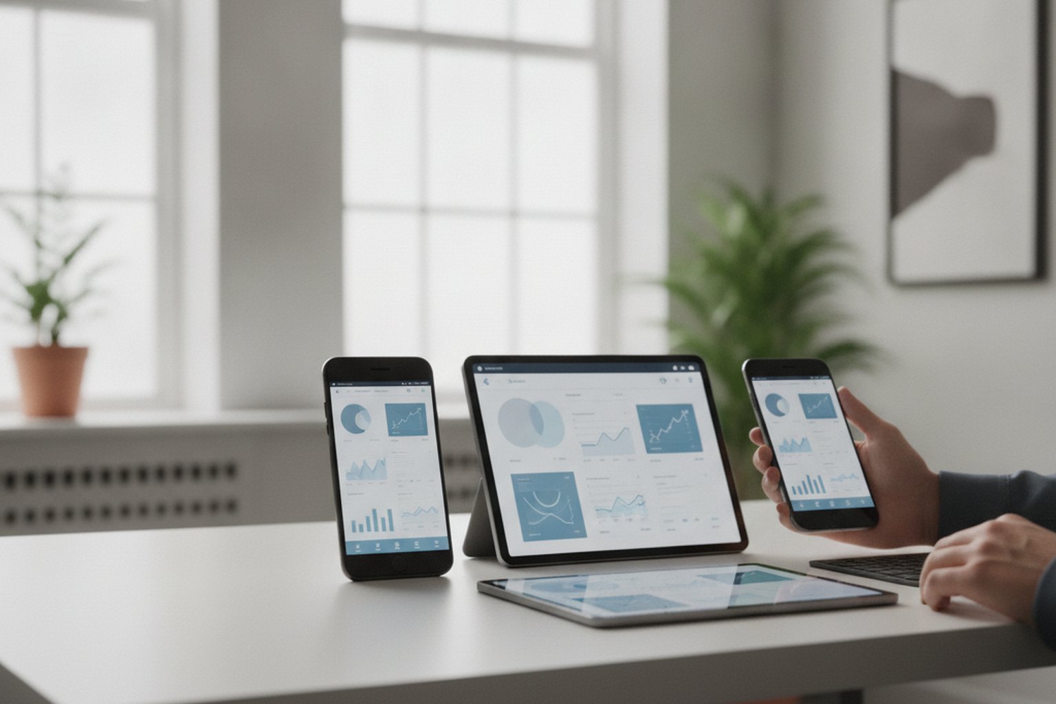 A developer testing the same mobile app across an iPhone, an Android phone and a tablet lined up on a desk, representing cross-platform mobile development