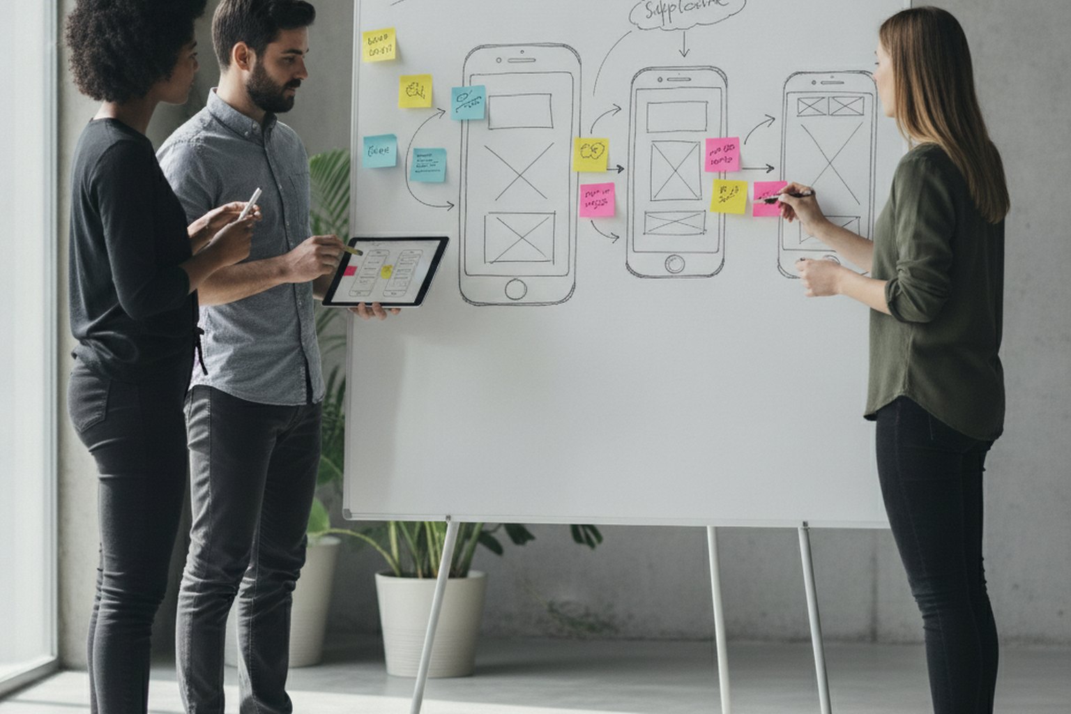 A product team mapping Android app screens and user flows on a whiteboard with wireframe sketches during the discovery and design phase