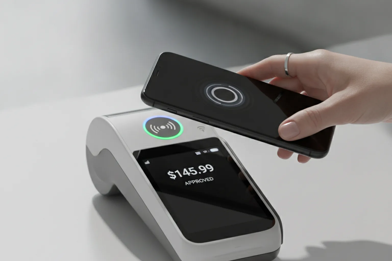 Contactless NFC payment at retail terminal showing mobile banking in action