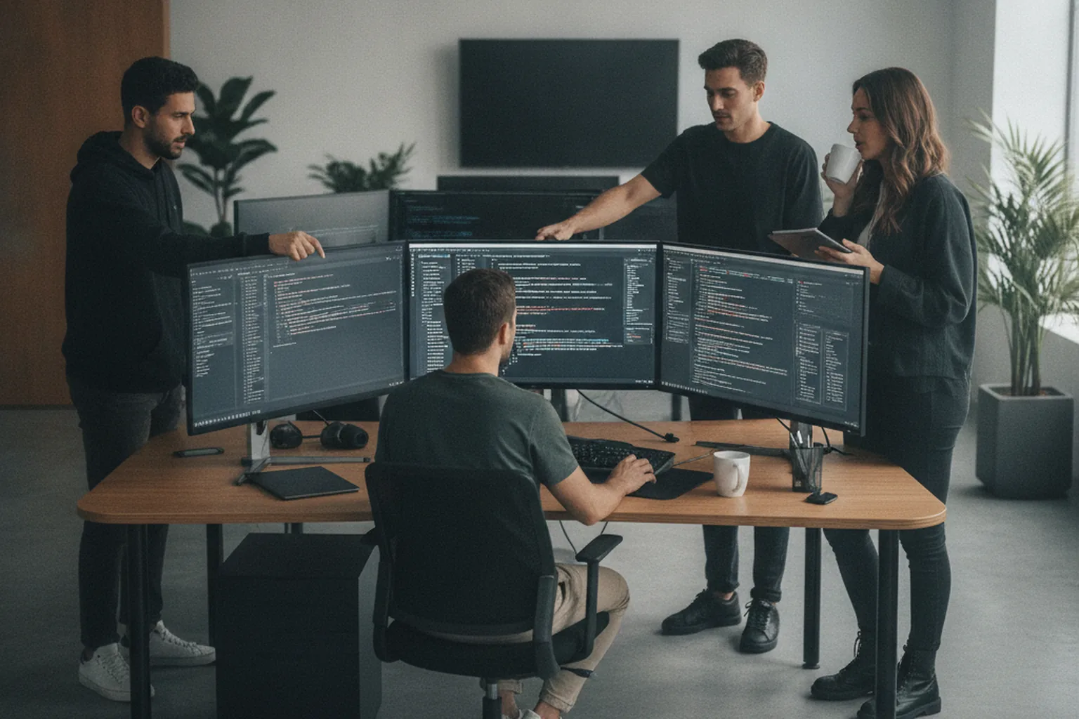 Developer team working on mobile banking software around conference table with laptops