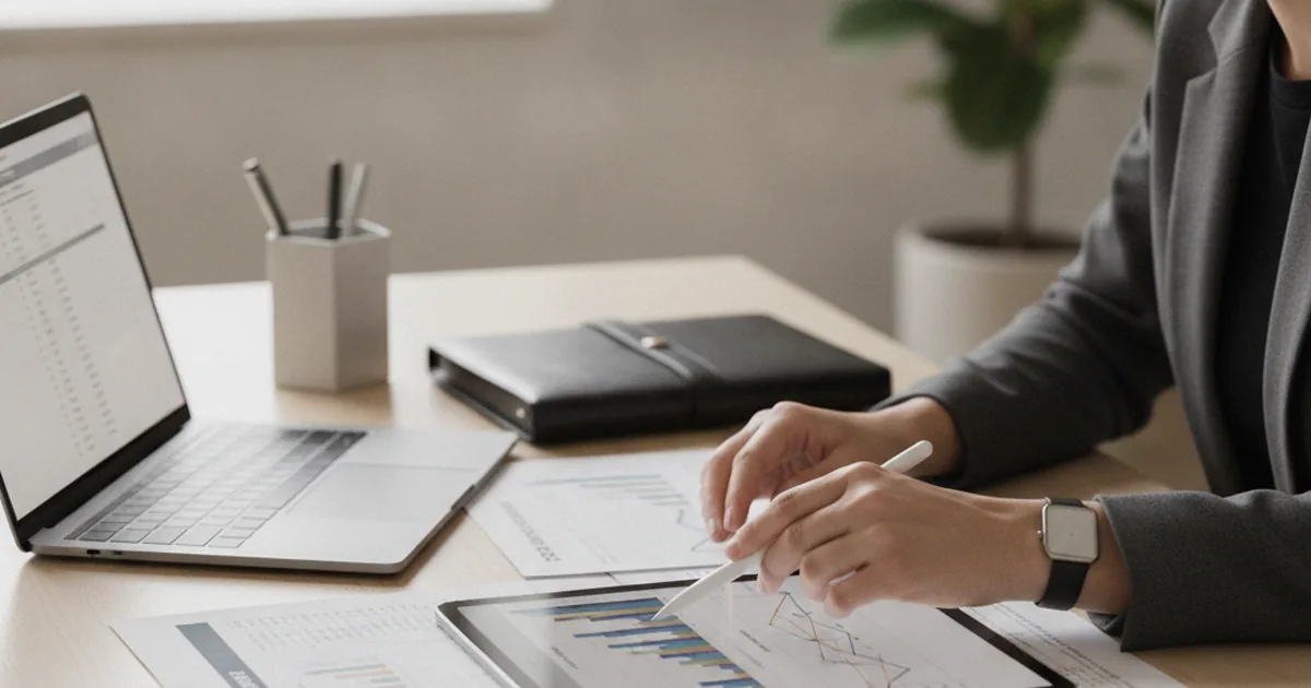Business professional reviewing financial documents and project scope breakdown at clean desk with laptop