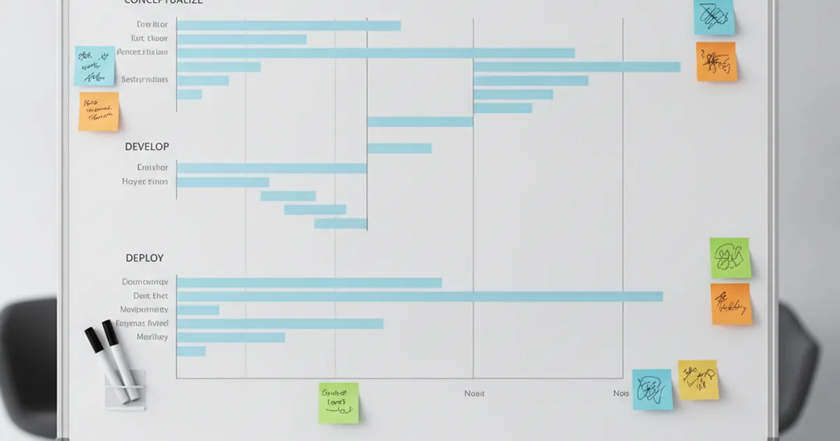 Project timeline Gantt chart on office whiteboard with sticky notes and development phases