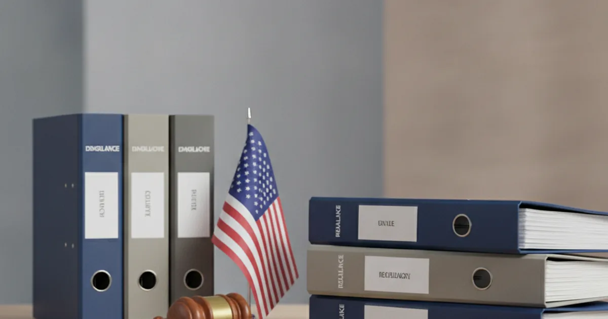 Legal compliance documents and regulation binders on desk with EU and US flag