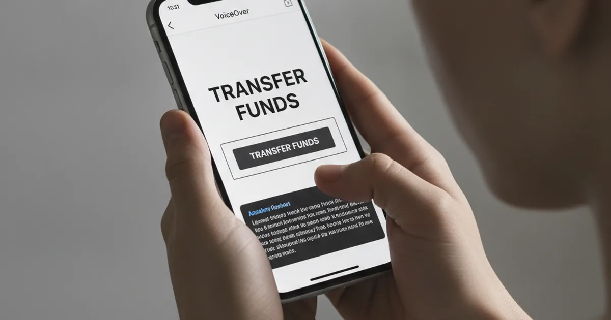 Accessibility testing on mobile phone with VoiceOver enabled, person using smartphone banking app