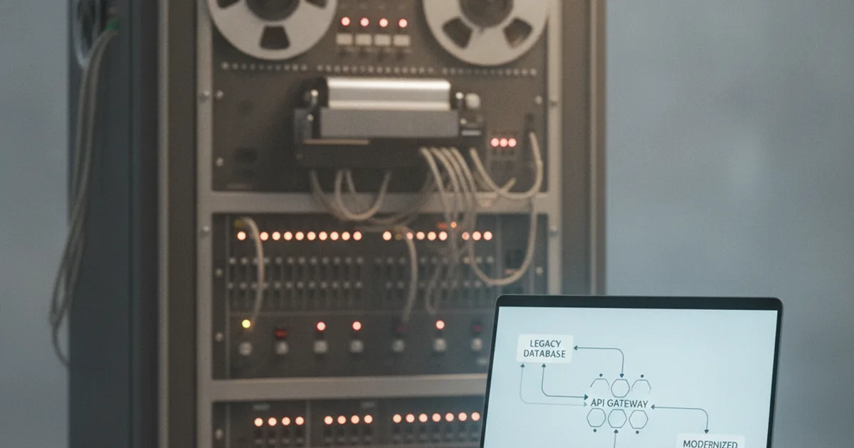 Legacy mainframe server room with modern laptop showing API integration diagram for banking modernization