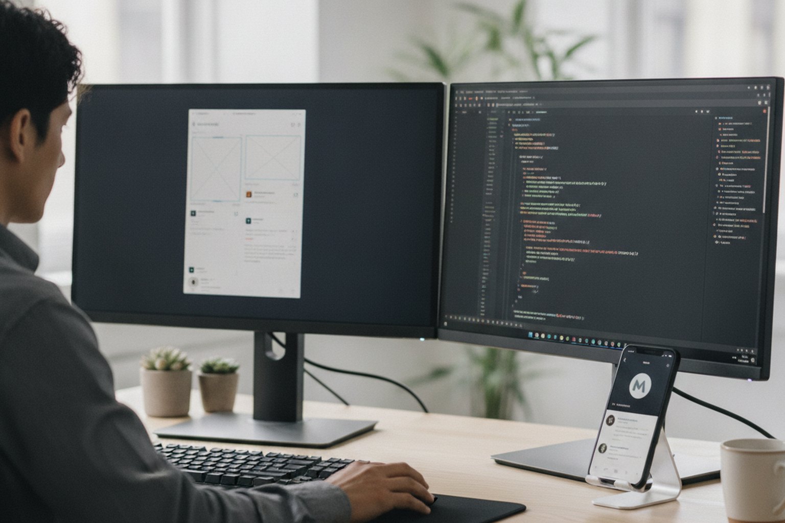 A mobile engineer building an Android app at a dual-monitor desk with app wireframes and code on screen