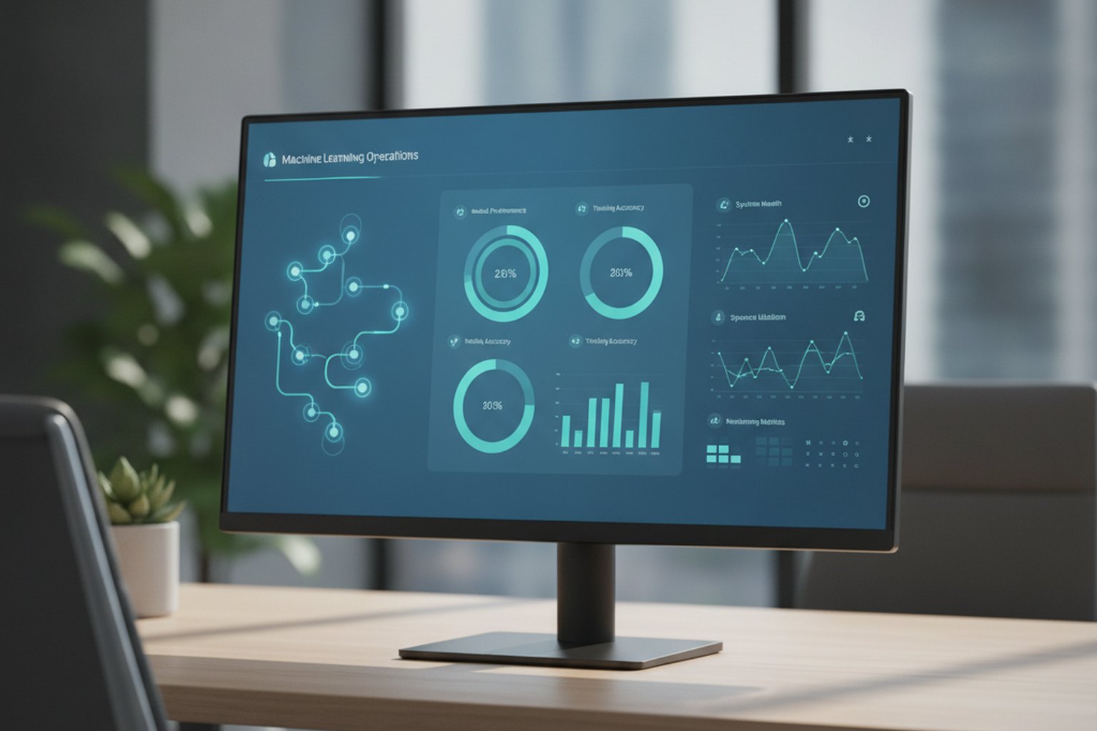 A machine learning operations dashboard showing a data pipeline, model accuracy metrics and monitoring graphs