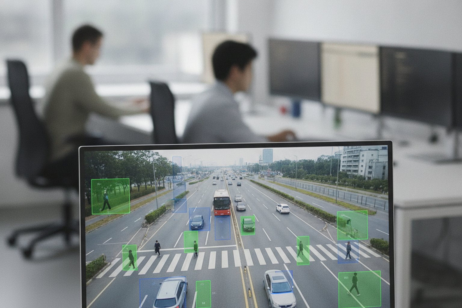 A monitor showing a live traffic feed with coloured detection boxes tracking cars, buses and pedestrians while engineers work behind it