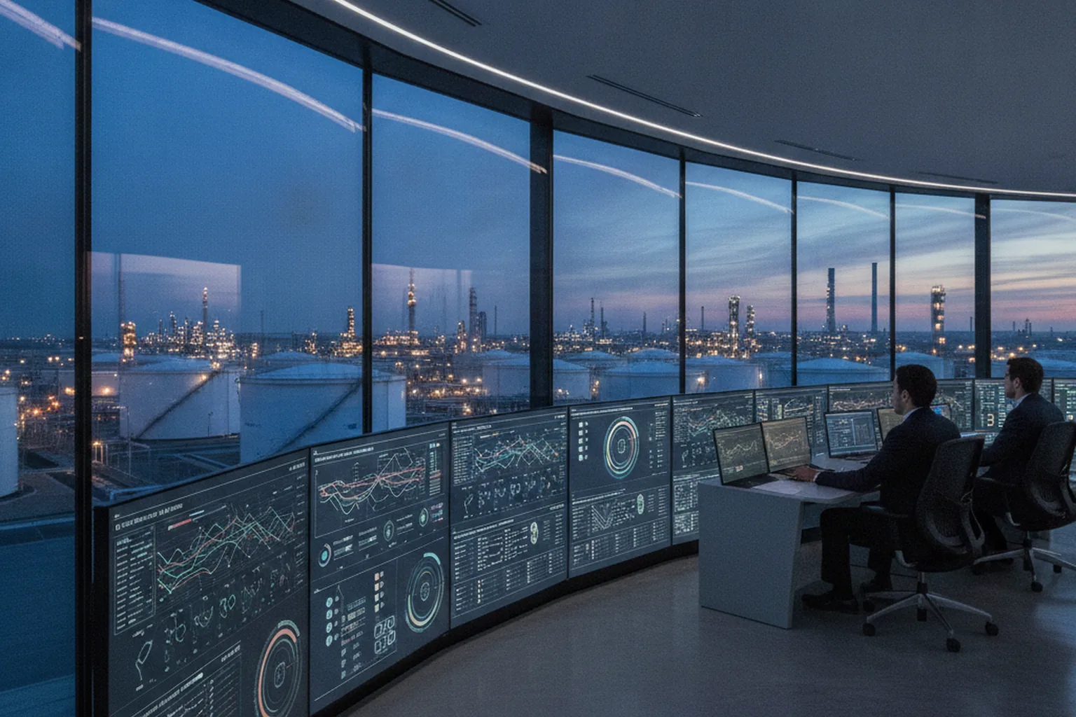 Engineers monitoring oil and gas operations on control-room dashboards