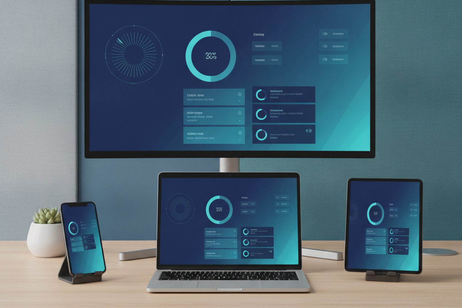One cross-platform app UI running on a phone, laptop, tablet and monitor at once