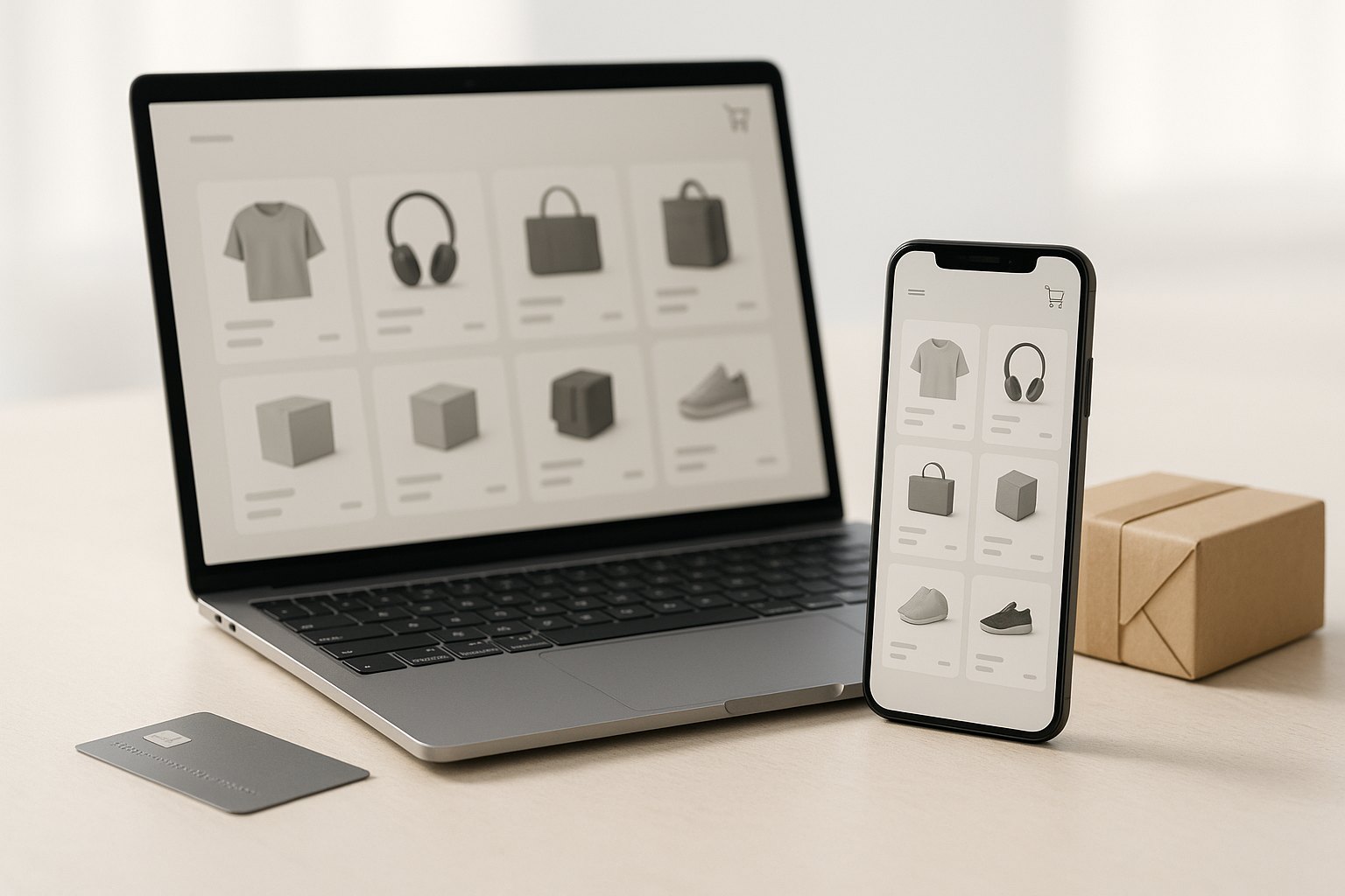 Ecommerce software development — a laptop and phone showing a generic online store with product cards and a shopping cart