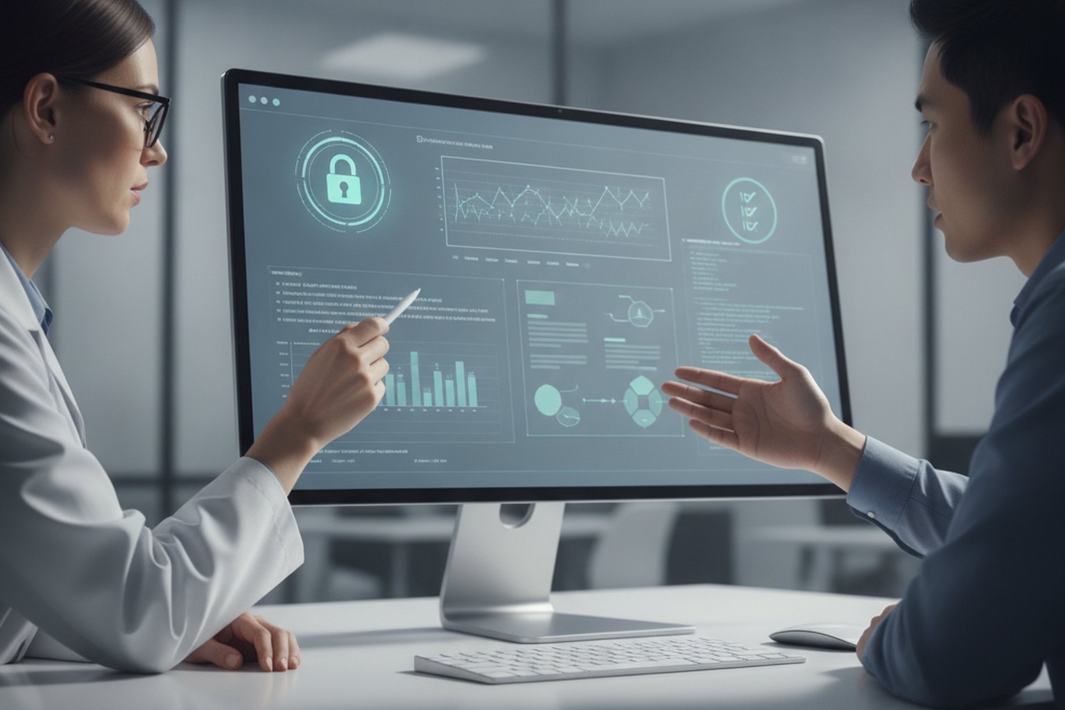 A pharmaceutical quality officer and a software engineer reviewing an electronic audit trail and computer system validation documents on a monitor with a security padlock and checklist