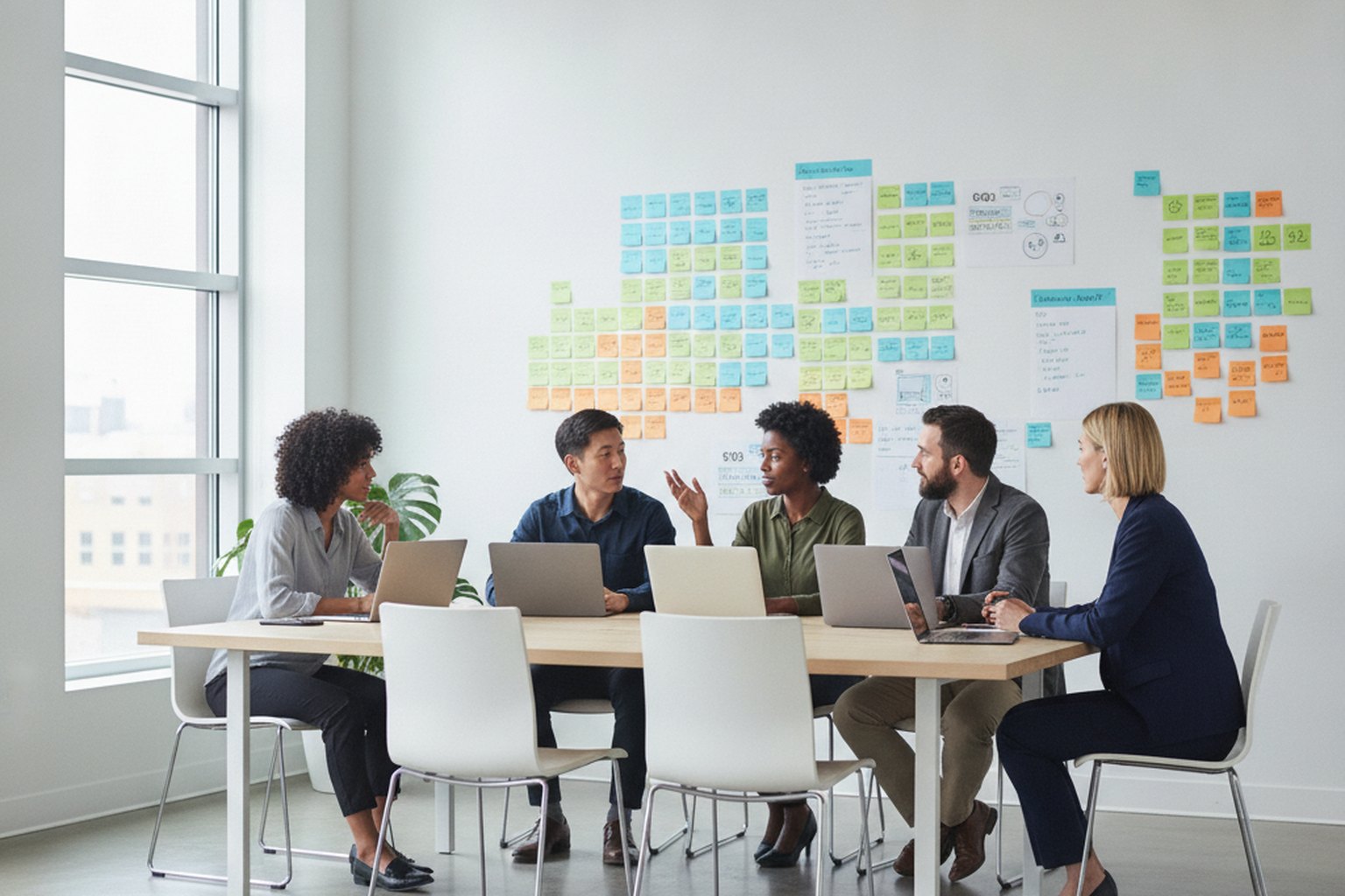 Software product development — a cross-functional team mapping a product roadmap on a wall of sticky notes