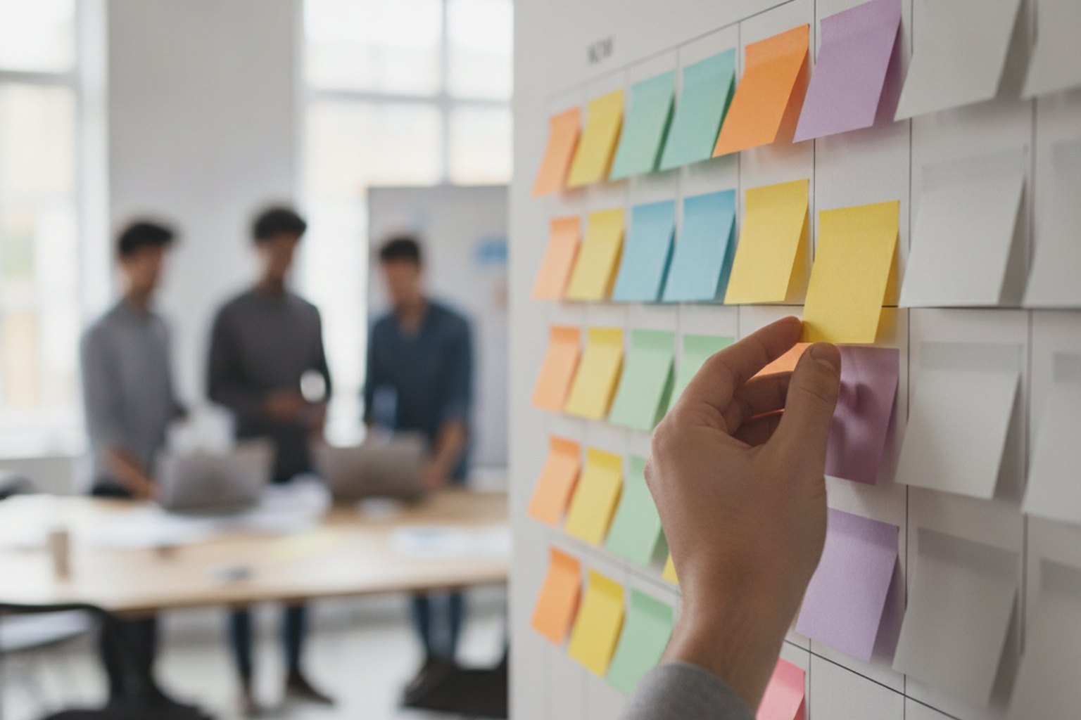A hand placing a sticky note on a feature-prioritization wall while a product team discusses MVP scope in the background