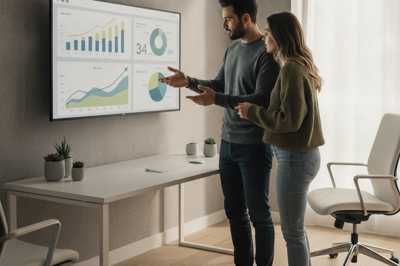 Two team members reviewing a product analytics dashboard with growth charts after launch, illustrating the measure-and-iterate stage of software product development