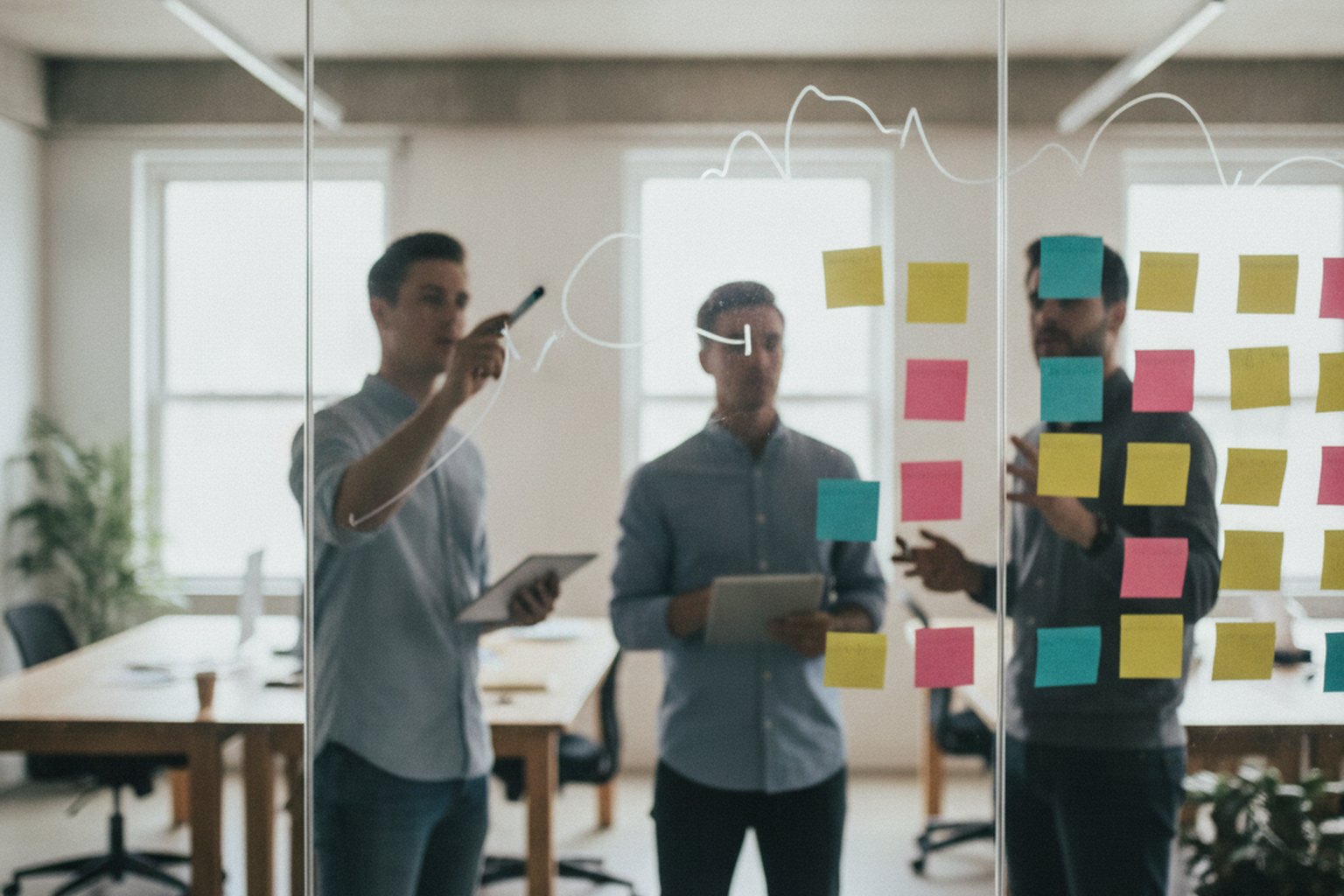 A product and engineering team planning a generative AI project on a glass wall covered with sticky notes and a roadmap