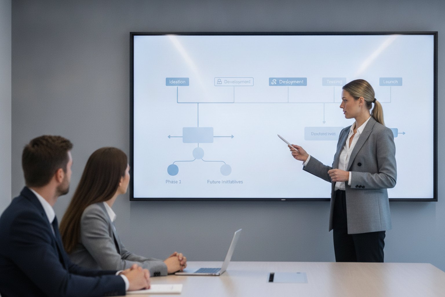 A delivery lead presenting a phased project roadmap on a wall screen to two colleagues in a meeting room