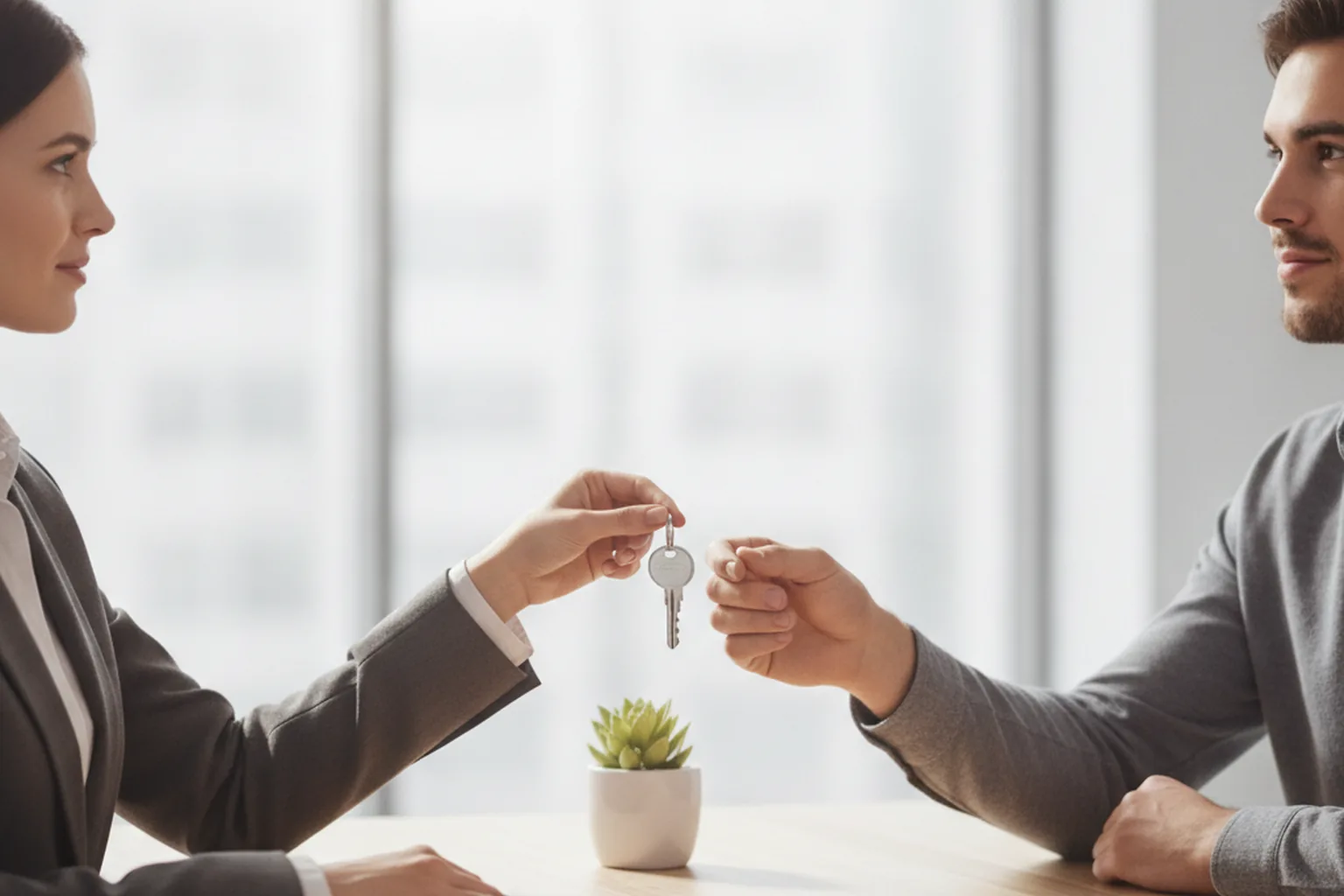 Property manager handing keys to a tenant after digital lease signing