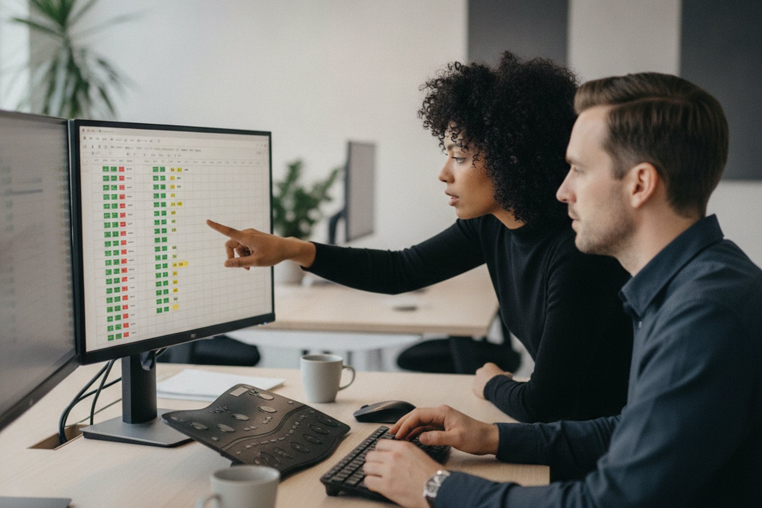 Two QA engineers reviewing a test-case matrix on screen with green, red and amber pass and fail status indicators