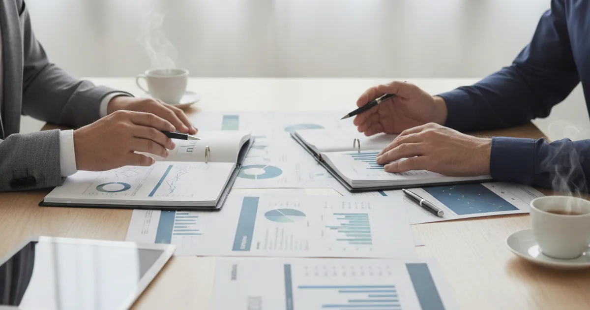 Business meeting between client and software vendor reviewing proposal documents on conference table