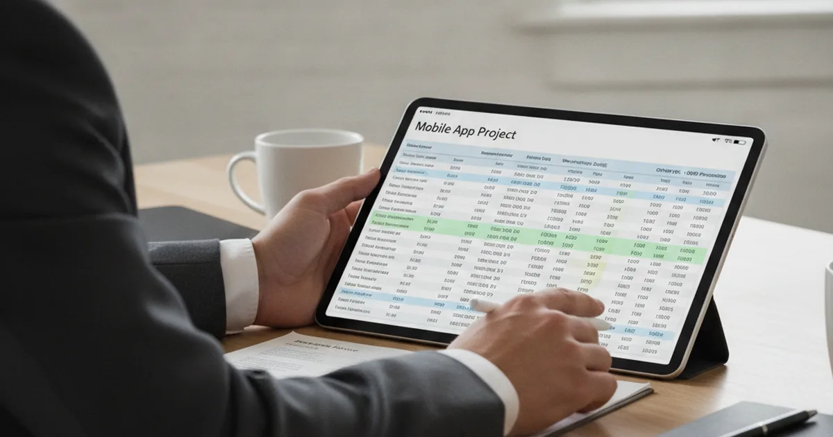 Business professional reviewing budget spreadsheet and financial projections for mobile app project