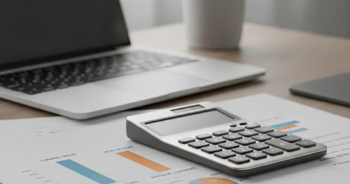 Calculator and financial documents showing cost savings comparison chart on desk with laptop
