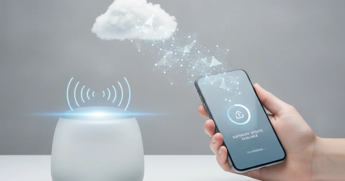 Developer sending software update wirelessly to mobile phone showing update notification on screen