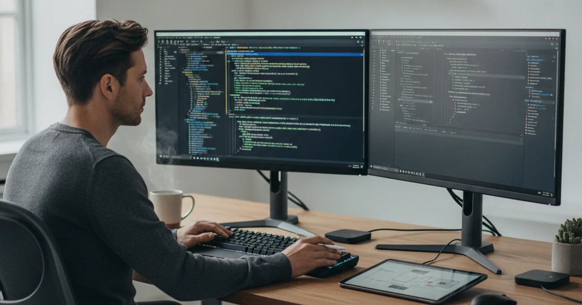 Software engineer comparing old and new codebase architecture on dual monitors