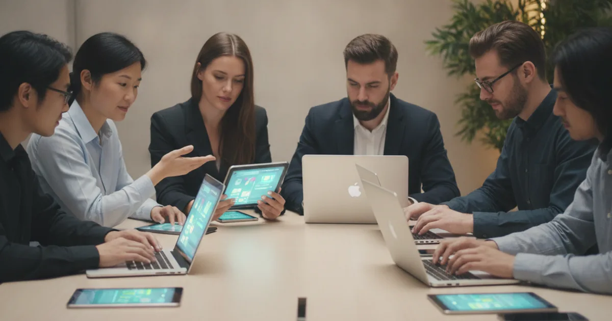 Diverse software development team collaborating around table with laptops and mobile devices