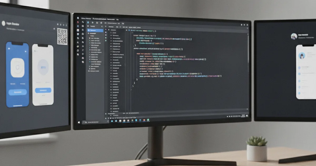 Modern developer workstation with TypeScript code editor and mobile app previews on multiple screens